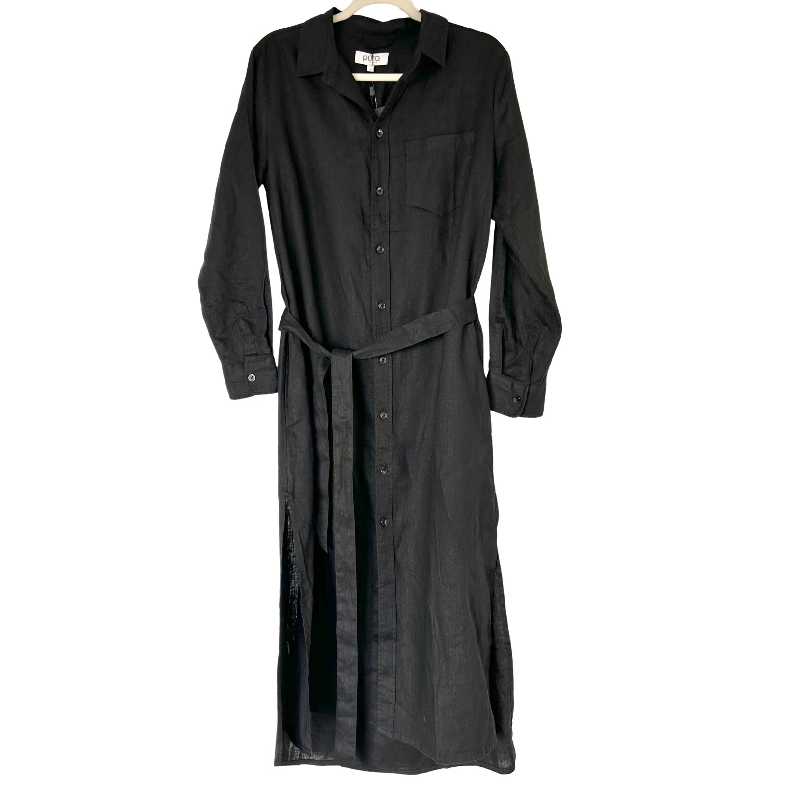 Pura Cashmere Luxe Linen Shirt Dress Black 100% Linen Belted Maxi Medium — image 2 of 8